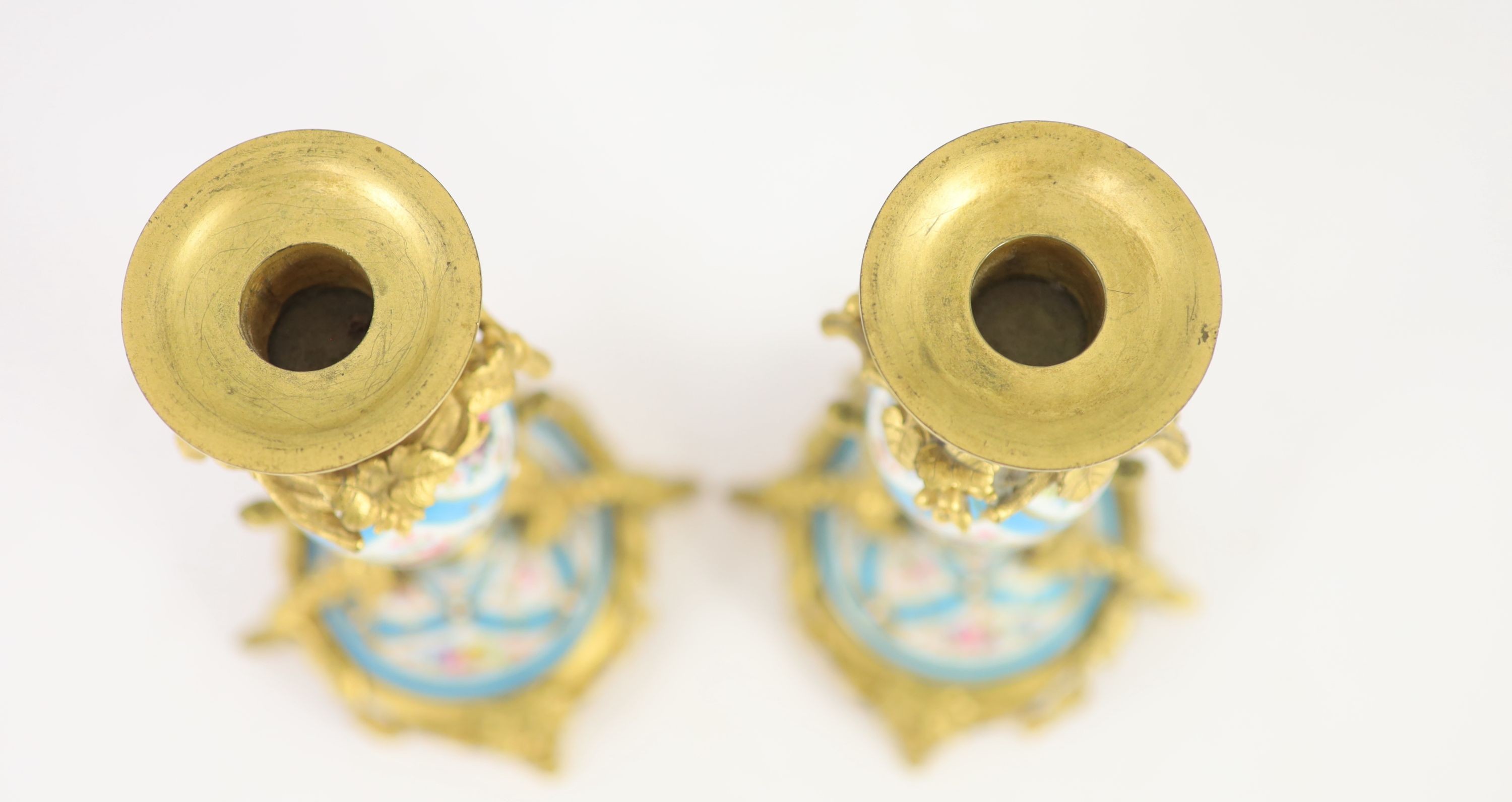 A pair of 19th century ormolu mounted Sevres style jewelled porcelain candlesticks,decorated with - Image 3 of 4