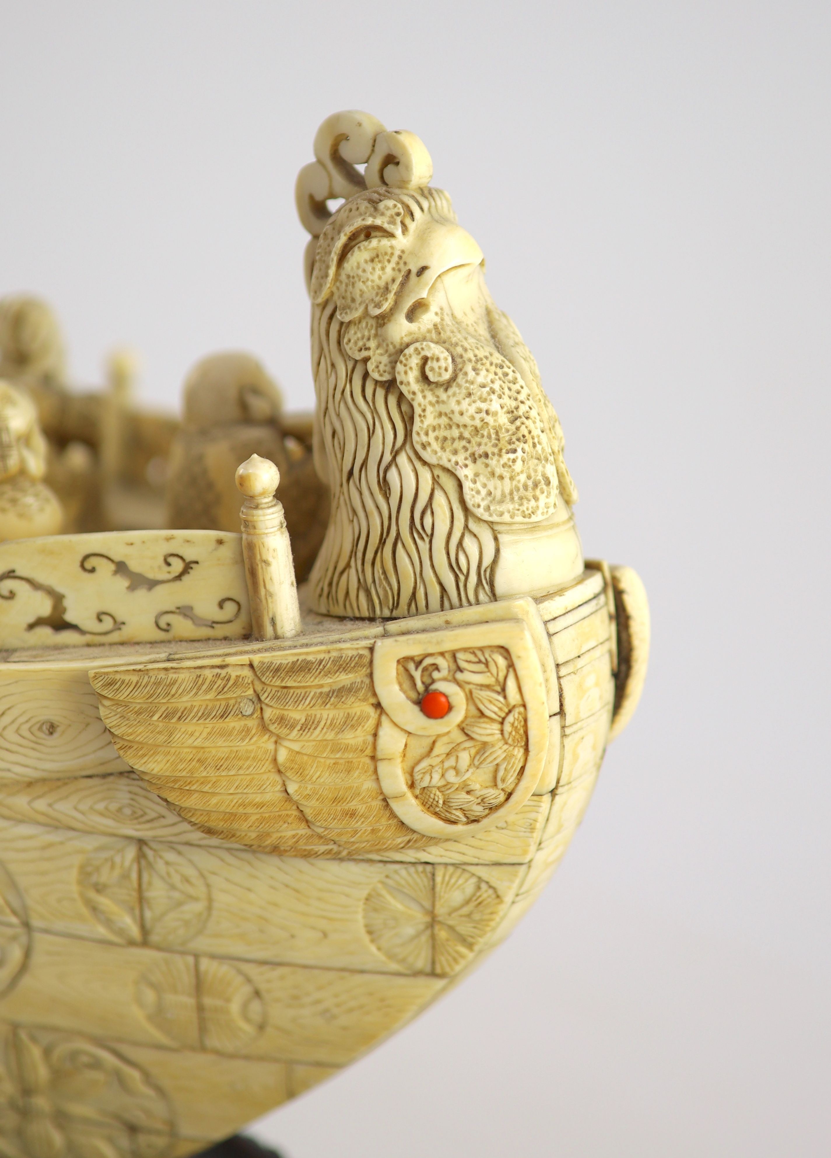 A large Japanese ivory okimono of the seven Gods of Happiness treasure ship the Takarabune, early - Image 4 of 9