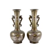 A pair of Japanese bronze and mixed metal bottle vases, Meiji period,the necks applied with a pair