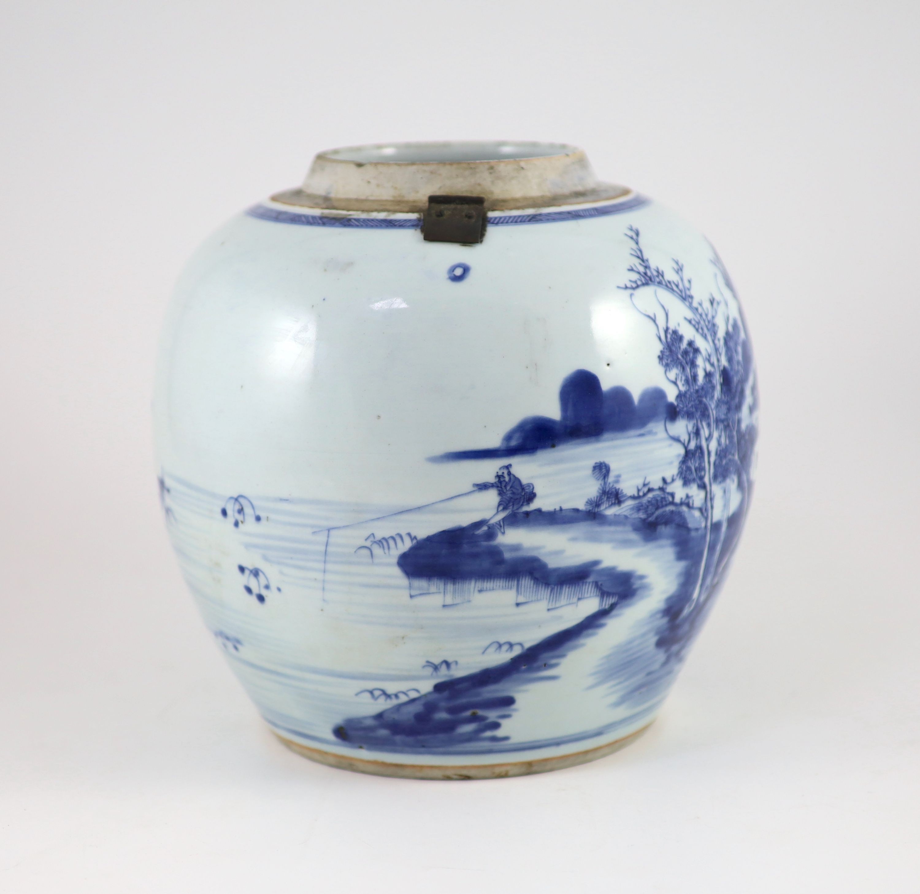 A Chinese blue and white jar and cover, Kangxi period (1662-1722),painted with a mountainous river - Image 3 of 8