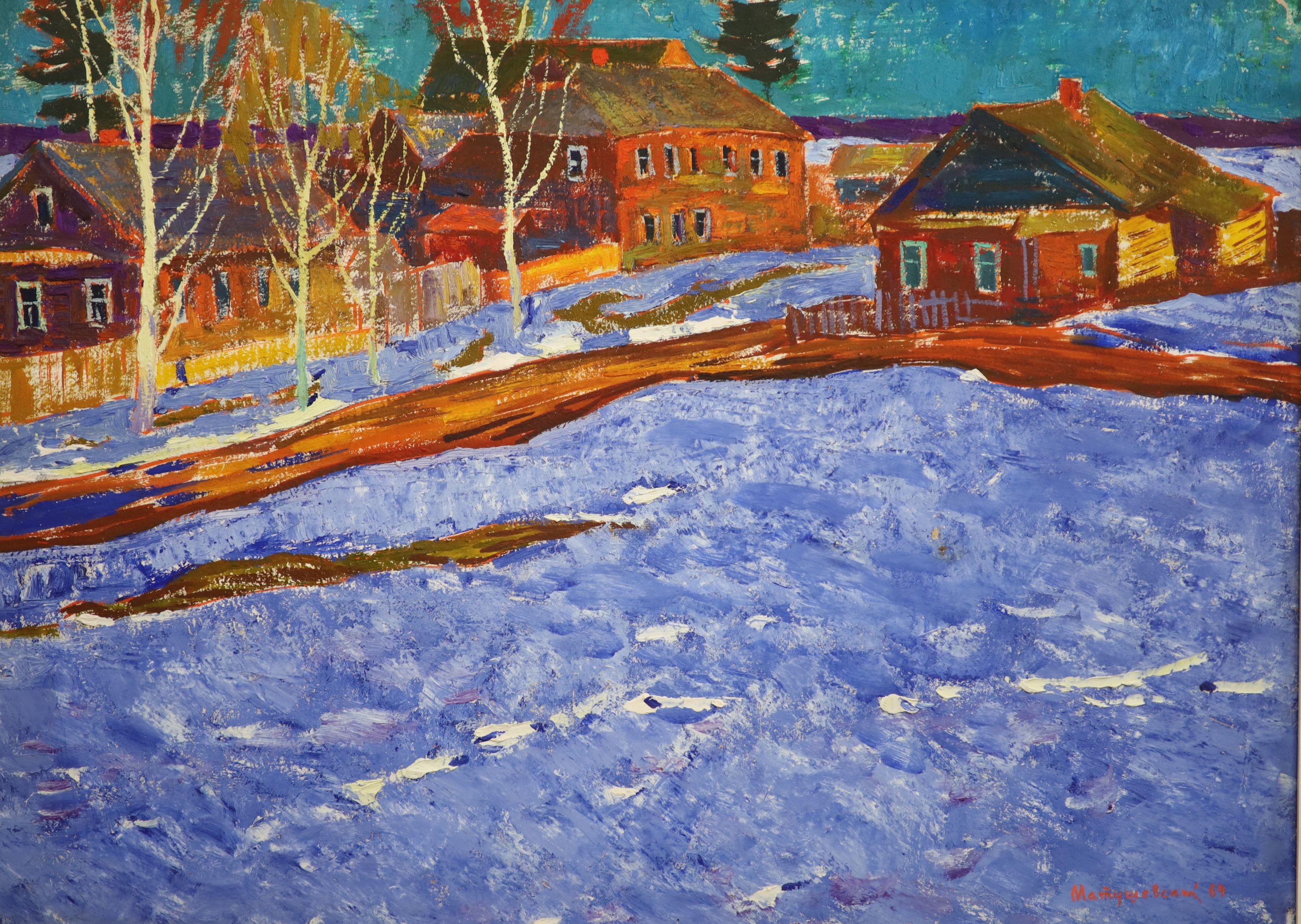 Yuri Matushevski (Russian, 1930-1999) Houses in winteroil on cardsigned and dated '6952.5 x 73cm