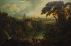 J. Janvers (18/19th C) Italianate landscape with Roman figures in the foreground and a city