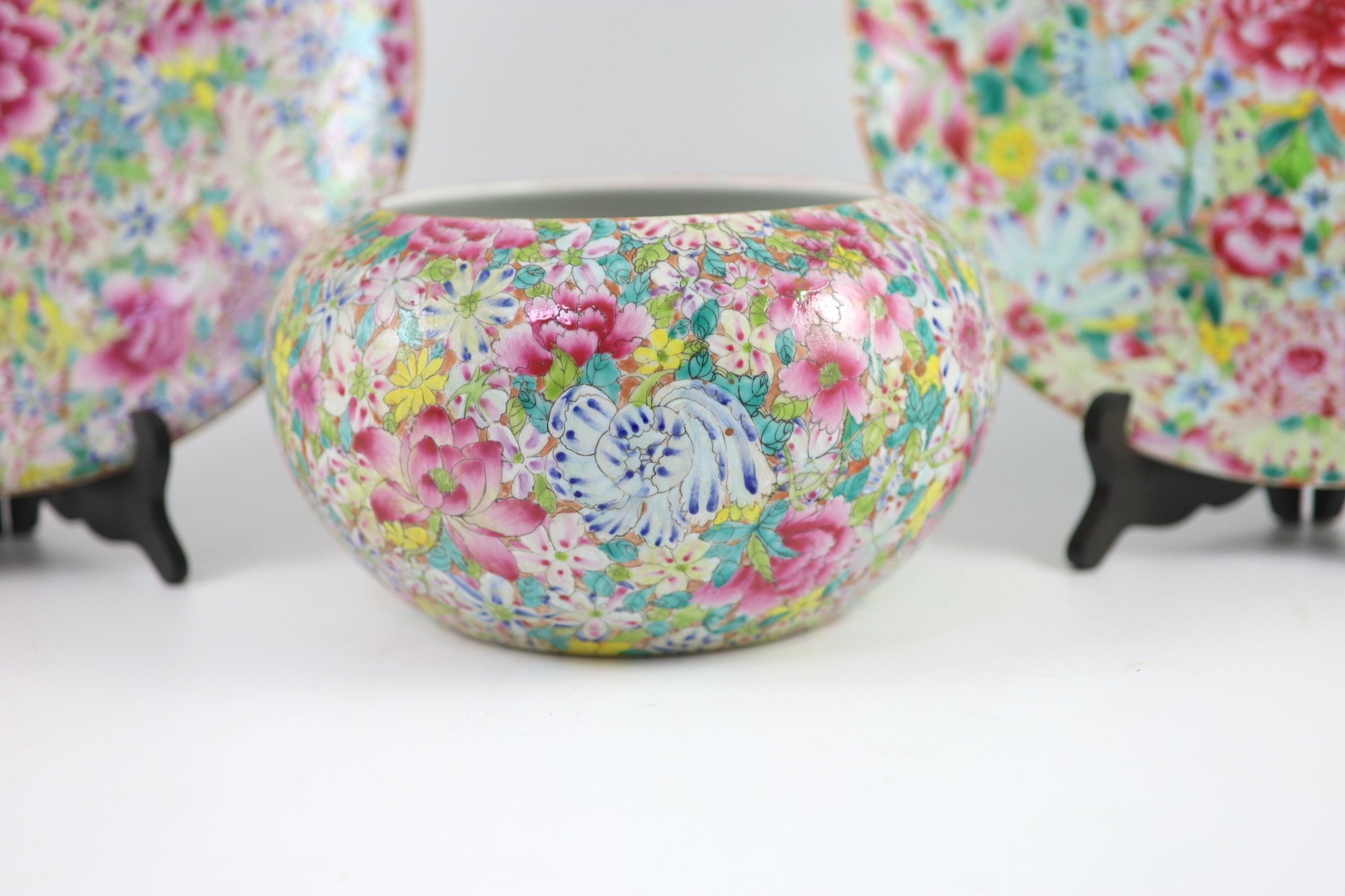 A near pair of Chinese famille rose’millefleur’ dishes and a similar alms bowl, Republic period,each - Image 2 of 6