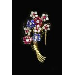 A 20th century French Van Cleef & Arpels 18ct gold, ruby, sapphire and diamond cluster set floral