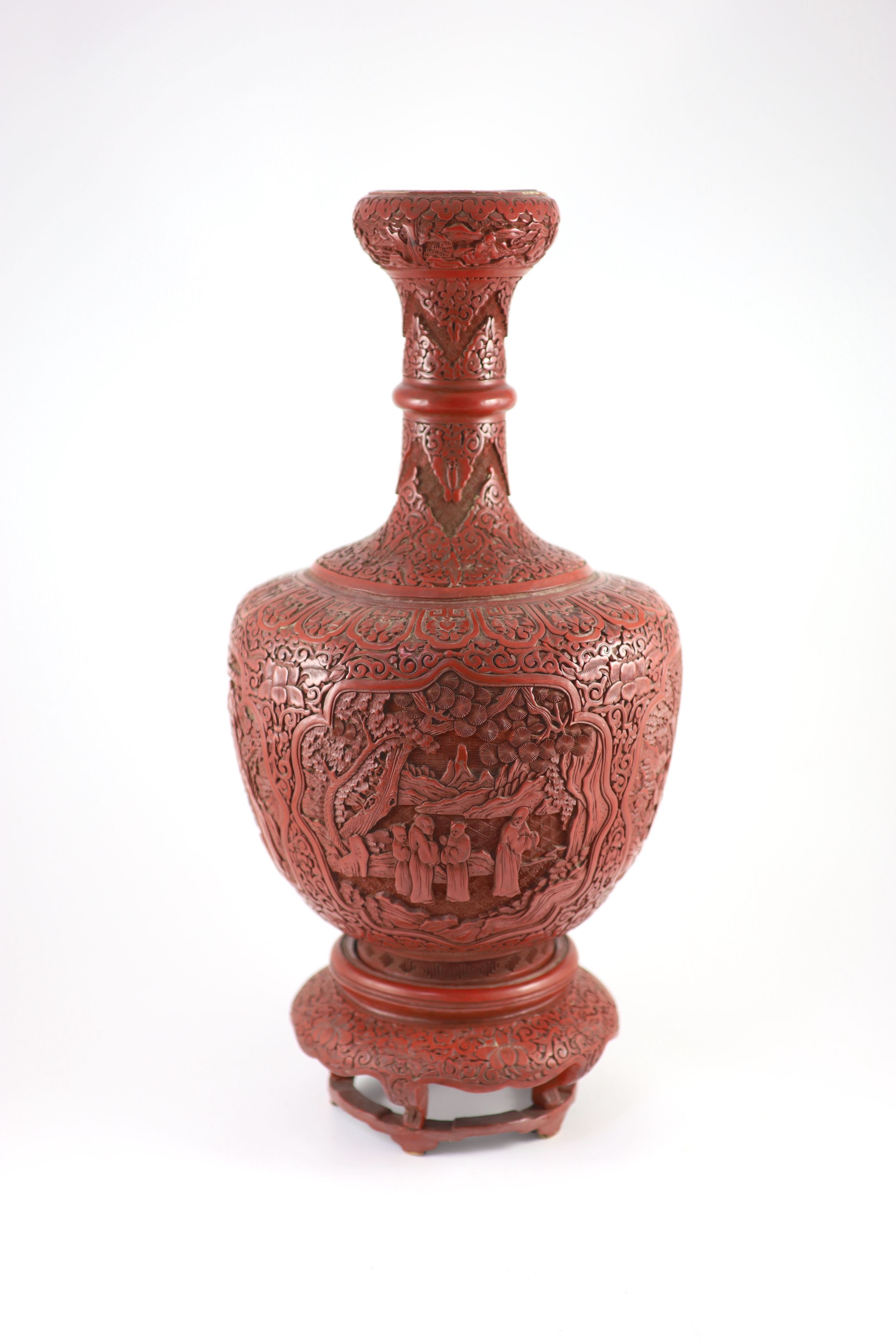 A large Chinese cinnabar lacquer garlic-neck vase and stand, c.1900,carved in high relief with - Image 2 of 4