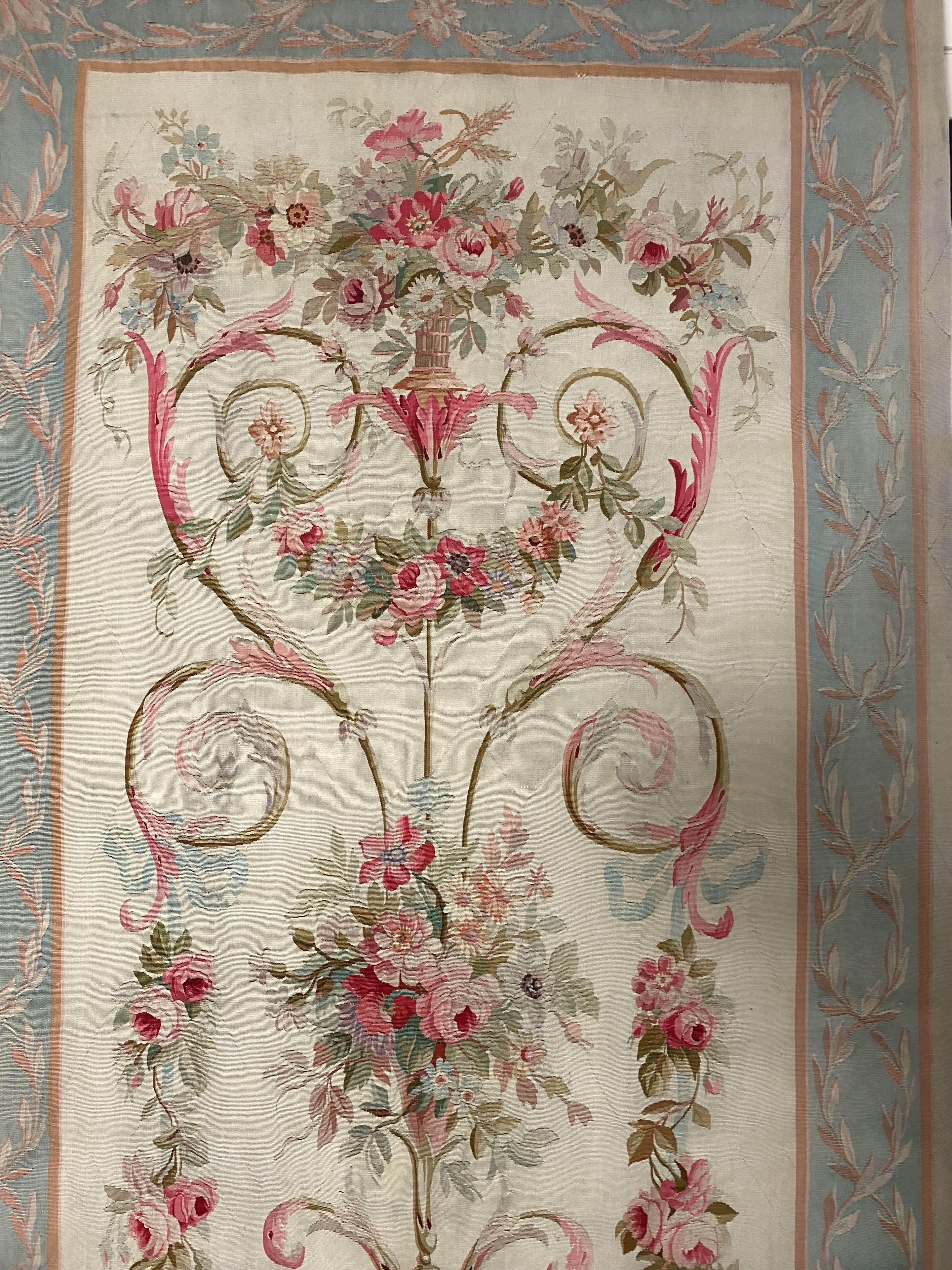 A large 19th century Aubusson entre fenetre tapestry wall panel,woven with a vase of flowers - Image 4 of 6