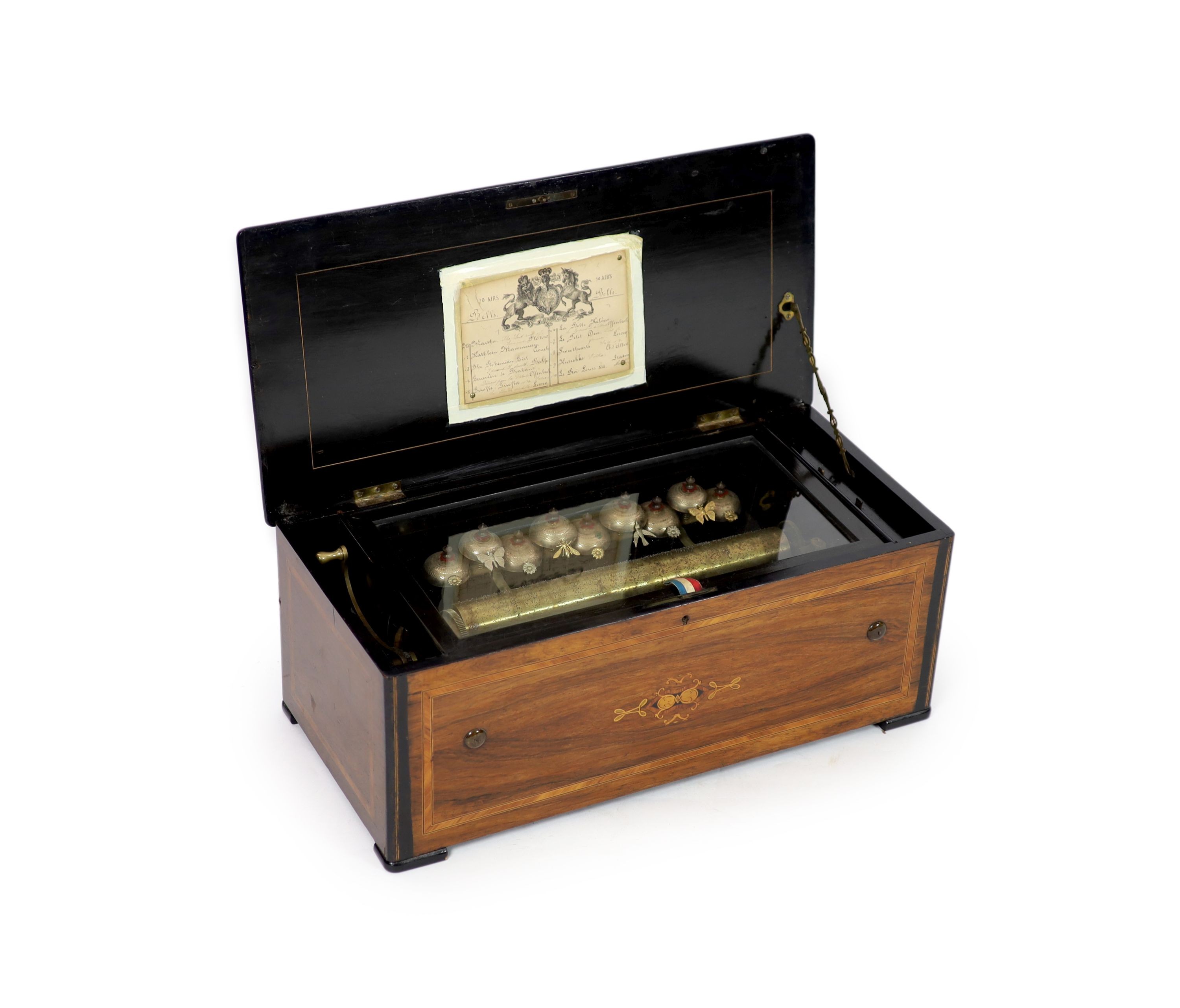 A late 19th century Swiss marquetry inlaid rosewood ten air musical box,with 38cm cylinder and