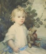 Ambrose McEvoy (1878-1927) Portrait of a child holding a teddy bearwatercolour55 x 47cm