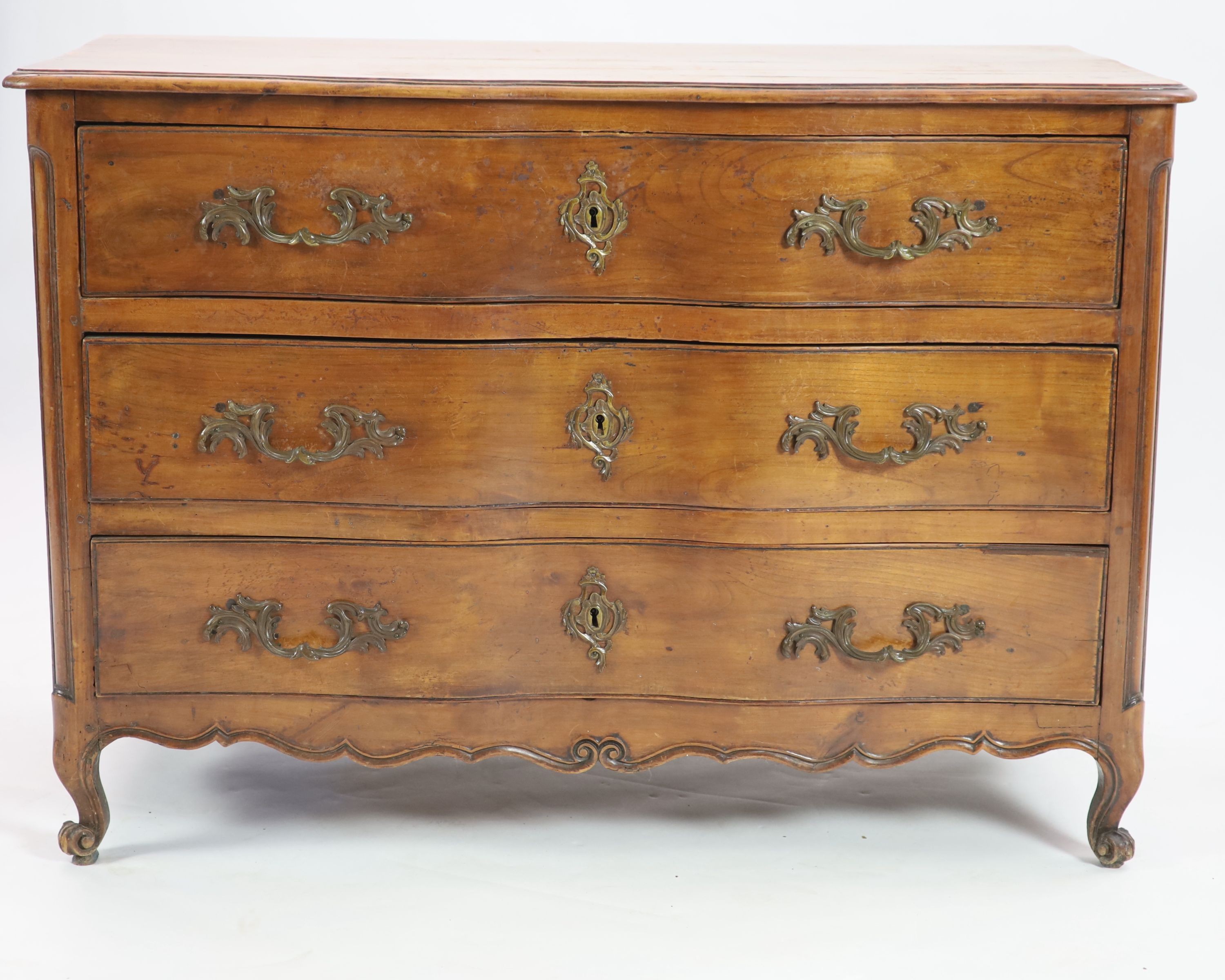 A Louis XV chestnut serpentine chest of three drawers, dated 1776,fitted three long drawers on - Image 2 of 4