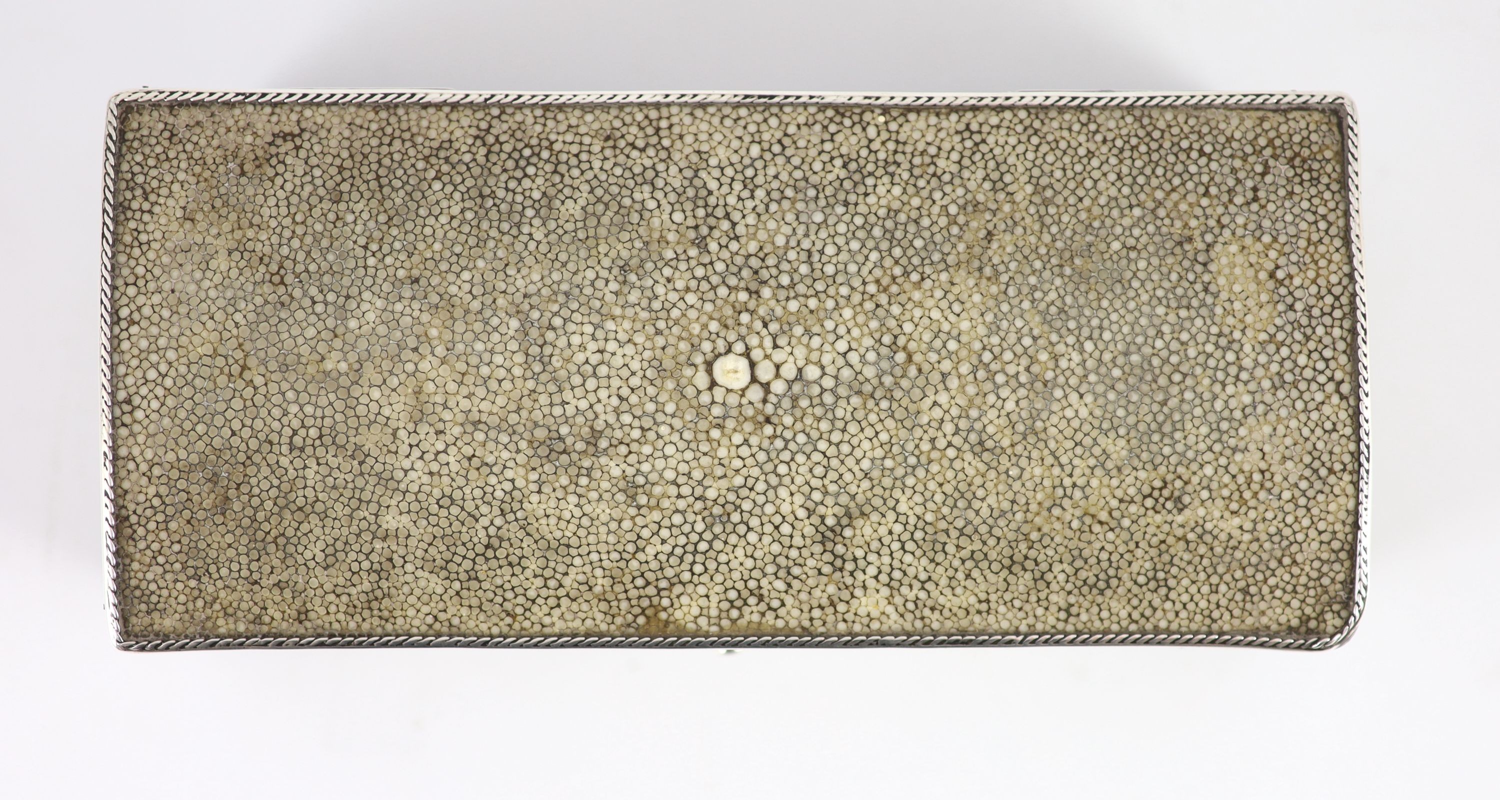 An Arts and Crafts silver mounted shagreen rectangular cigarette box, by John Paul Cooper,on ball - Image 3 of 4