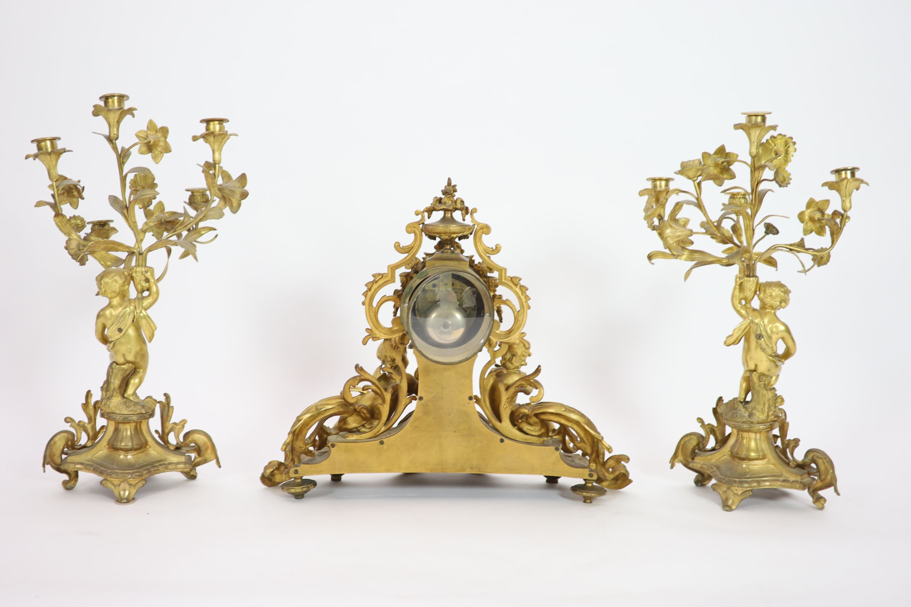A 19th century Louis XV style ormolu clock garniture,the timepiece modelled with flowers and scrolls - Image 5 of 6