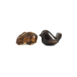 A Japanese lacquered wood netsuke of a bird and a wooden netsuke of a rabbit, 18th/19th century,