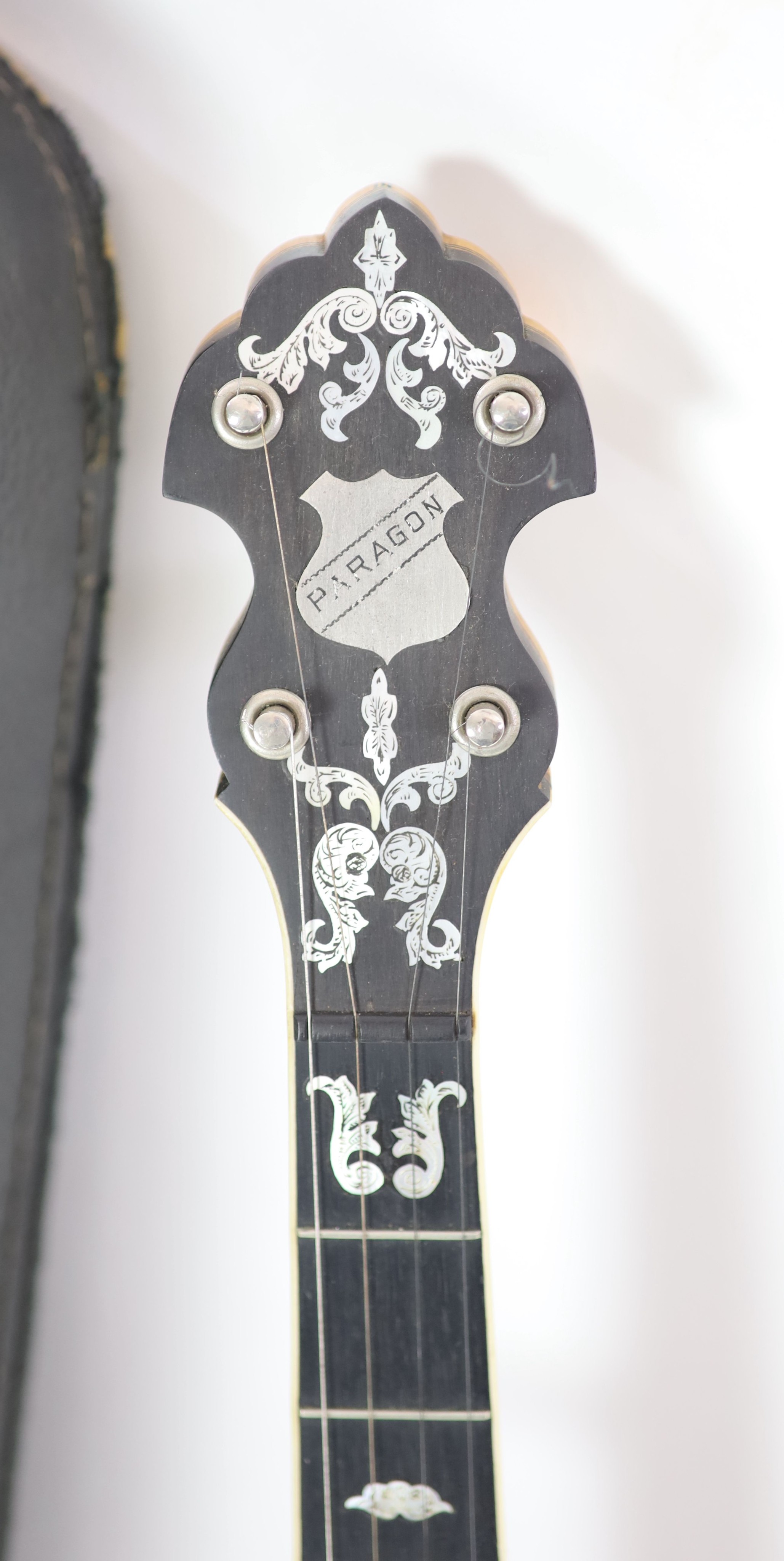 A Paragon banjowith ornate inlaid peg board and fret board, nut to bridge 27 inches, 22 frets, - Image 4 of 9