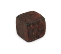 A Chinese dark green soapstone cube shaped seal, probably Qing dynasty,five of the faces incised