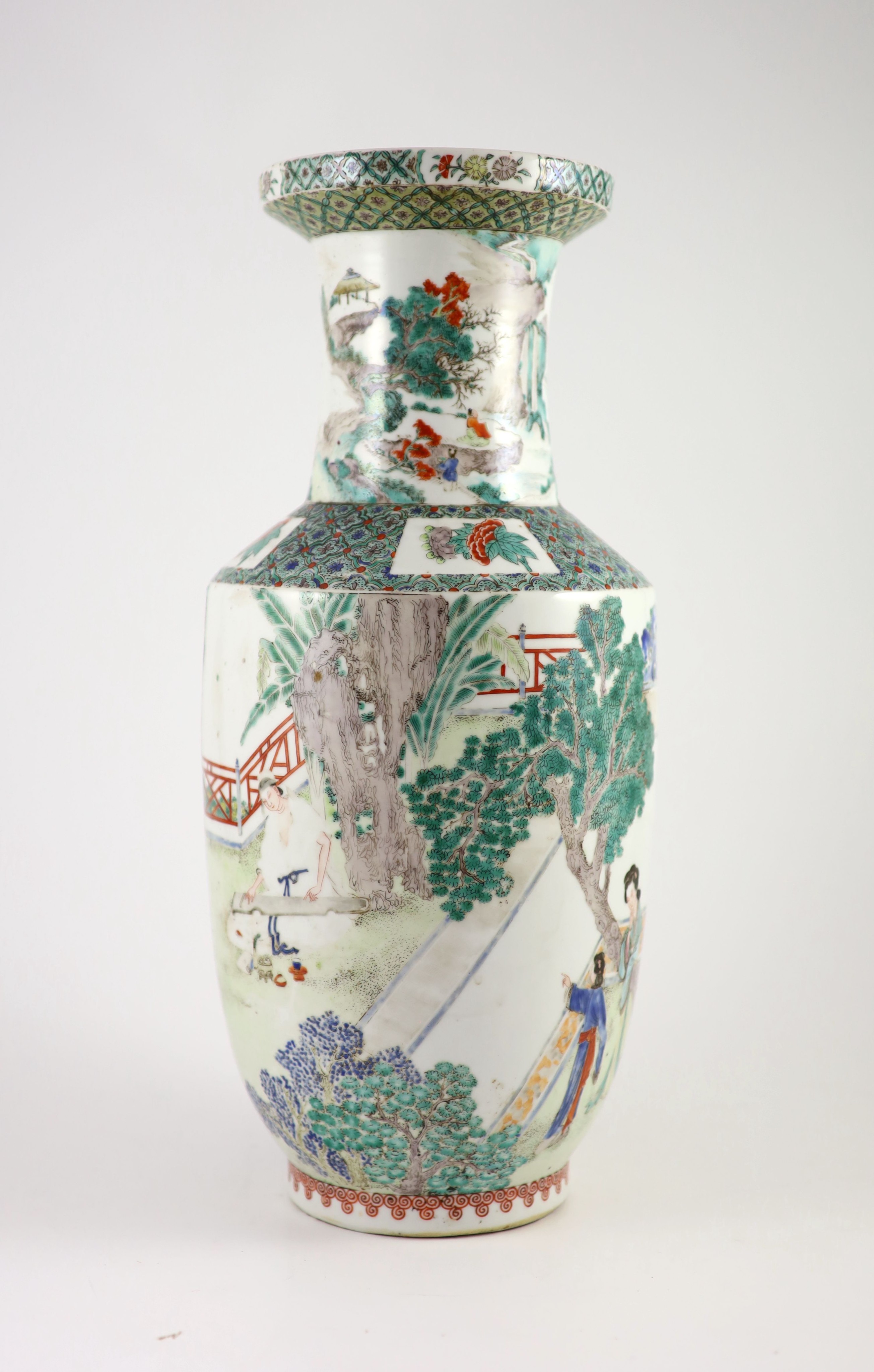 A Chinese famille verte rouleau vase, late 19th century,painted with figures amid garden - Image 3 of 6