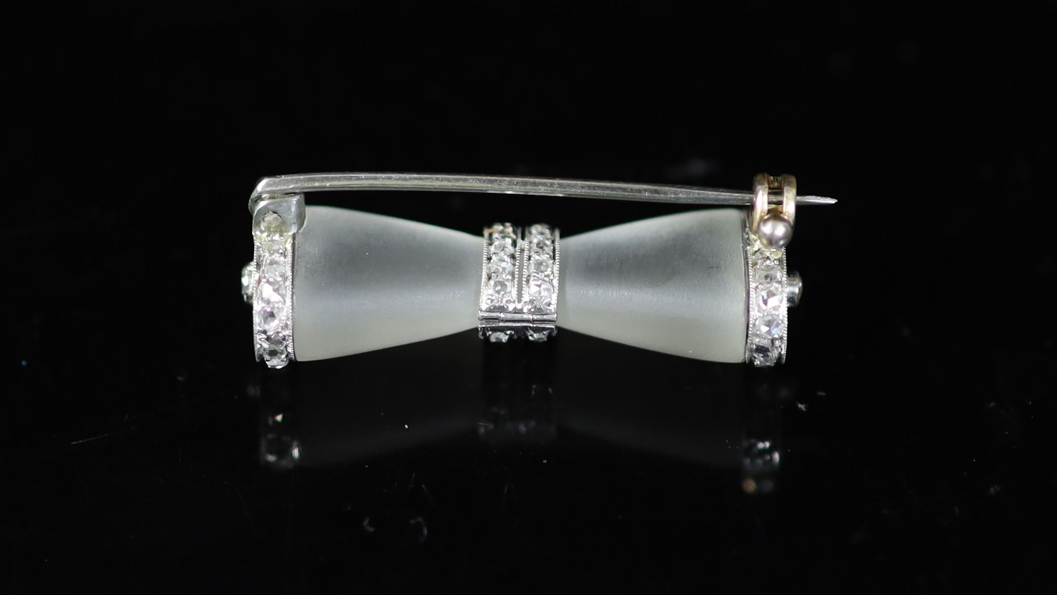 A 1930's/1940's engraved white gold, frosted glass and rose cut diamond set 'bow tie' brooch,31mm, - Image 2 of 2