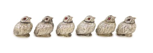A set of six Victorian novelty silver condiments by Thomas Johnson II, modelled as six chick