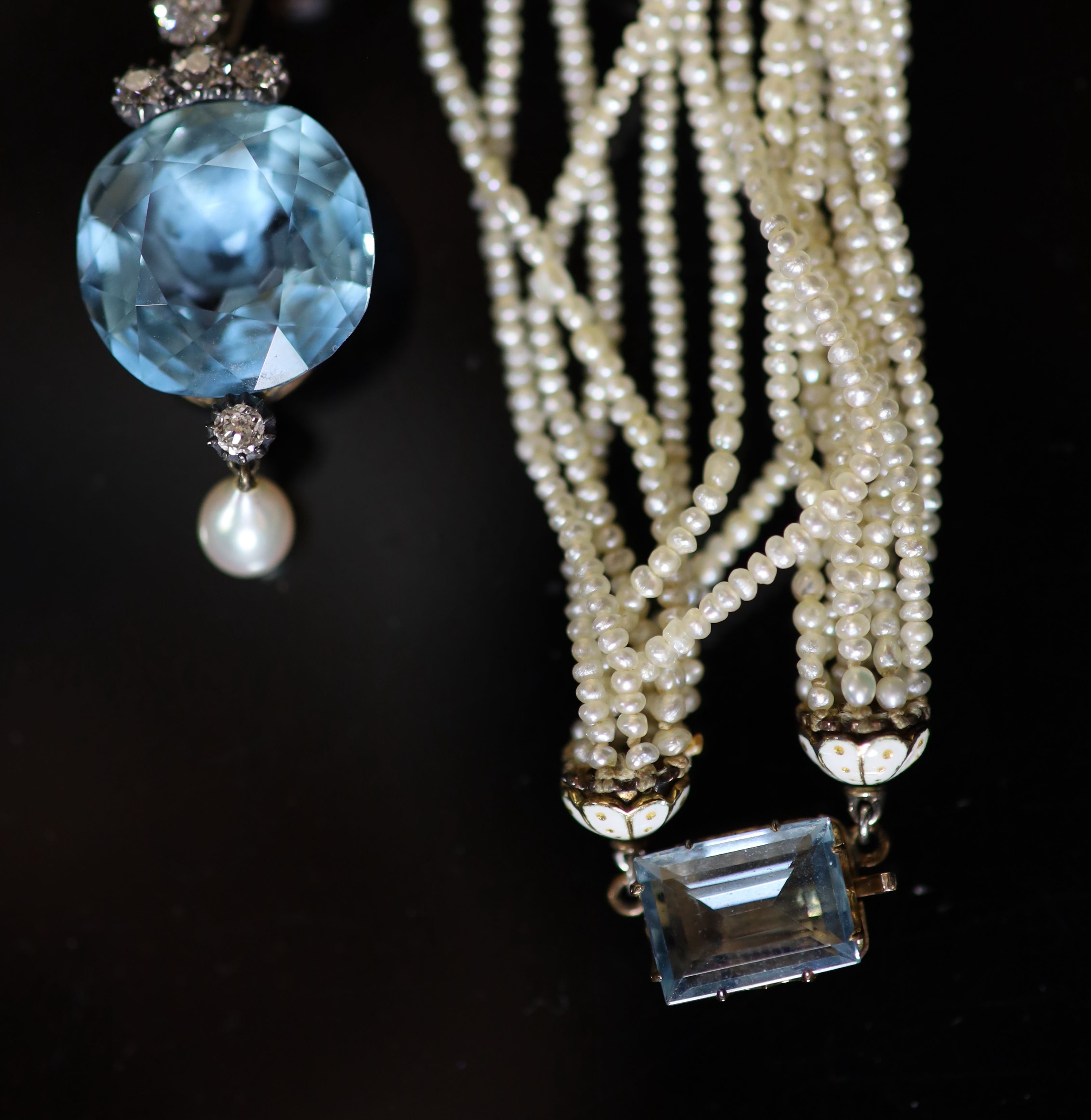 A 19th century gold and silver, aquamarine, diamond, pearl and enamel set multi strand seed pearl - Image 4 of 4