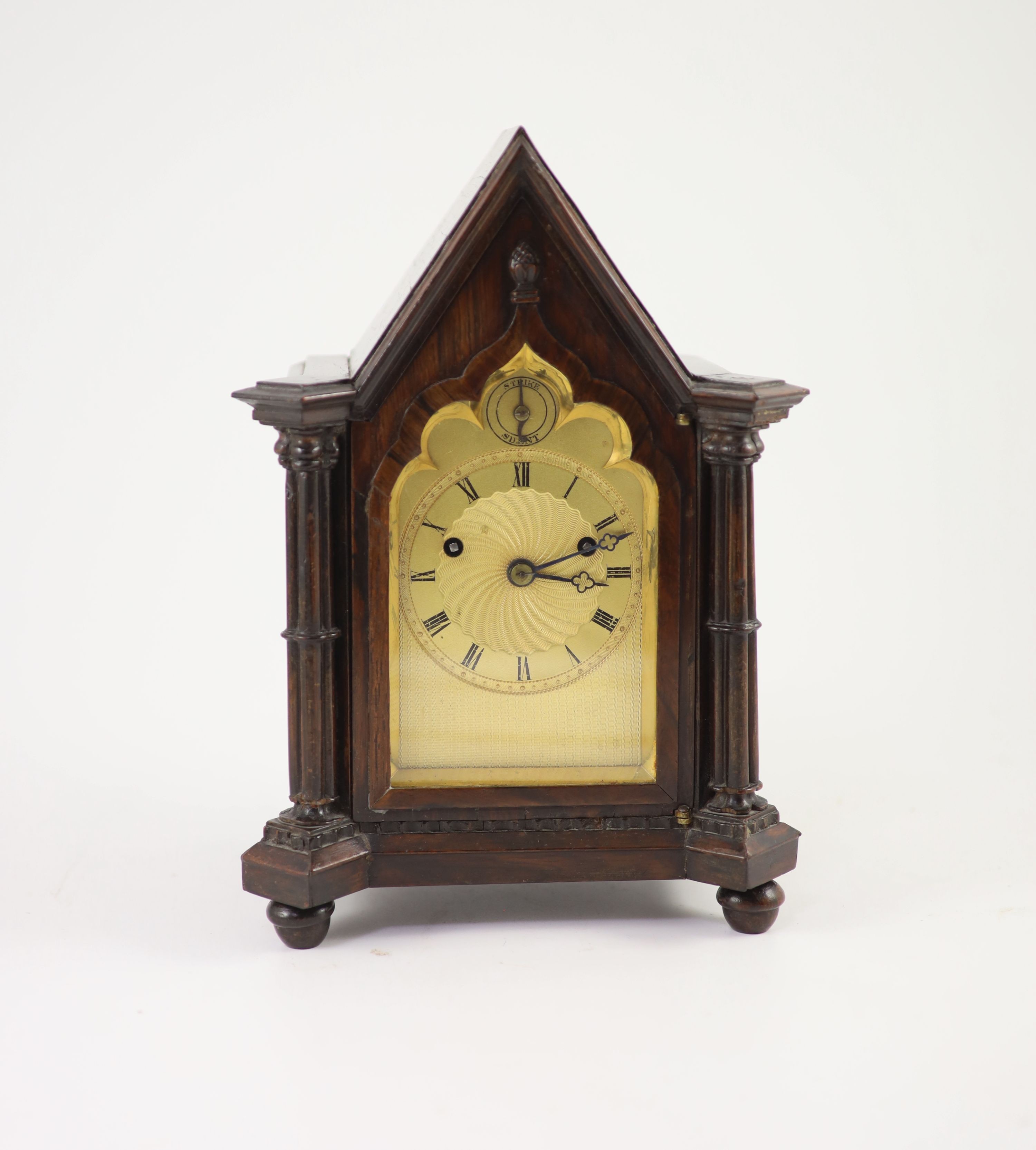 An early Victorian gothic revival rosewood mantle clock,with Gothic lancet case and gilt engine - Image 2 of 4