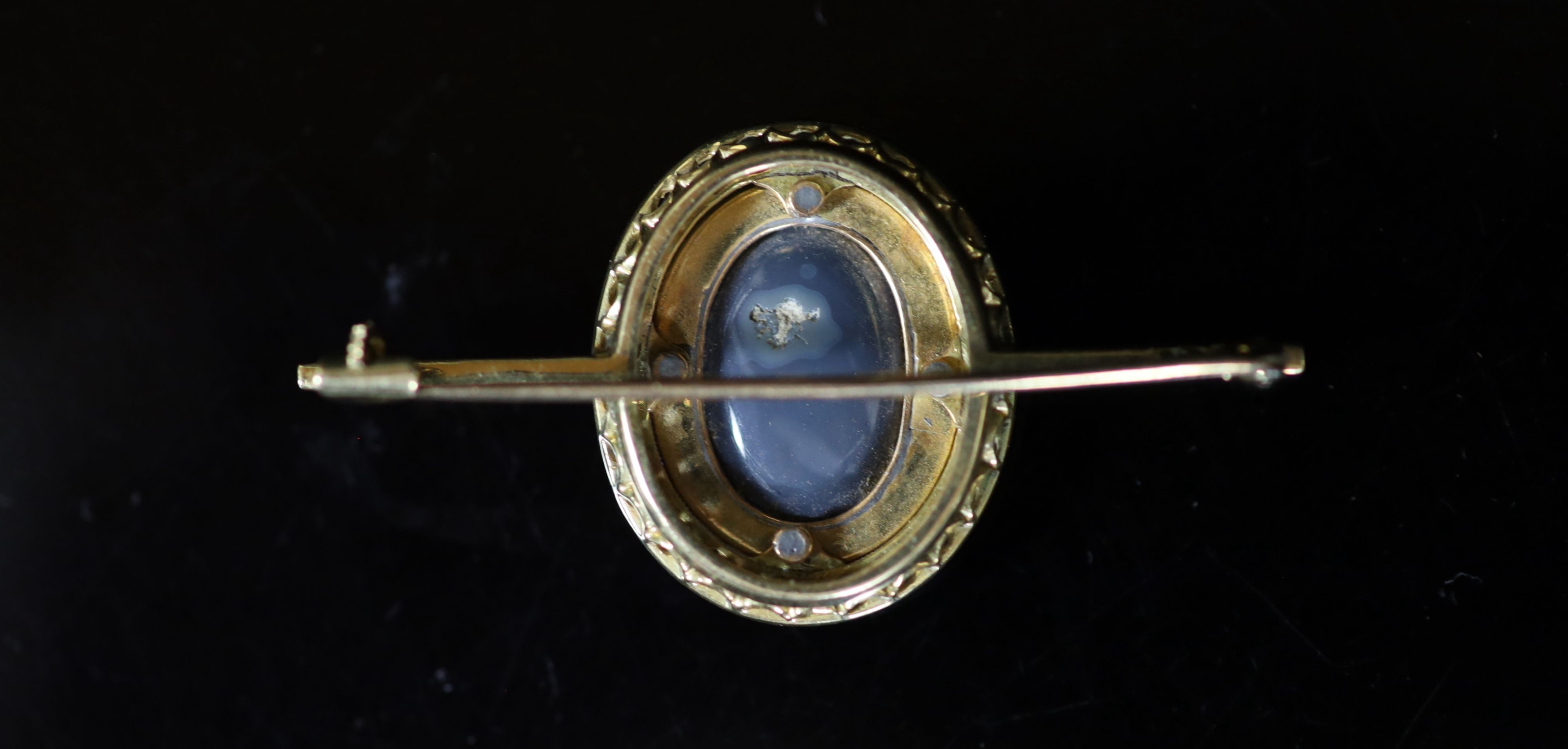 An early to mid 20th century gold, black opal doublet, blue enamel and millegrain sapphire set bar - Image 2 of 2