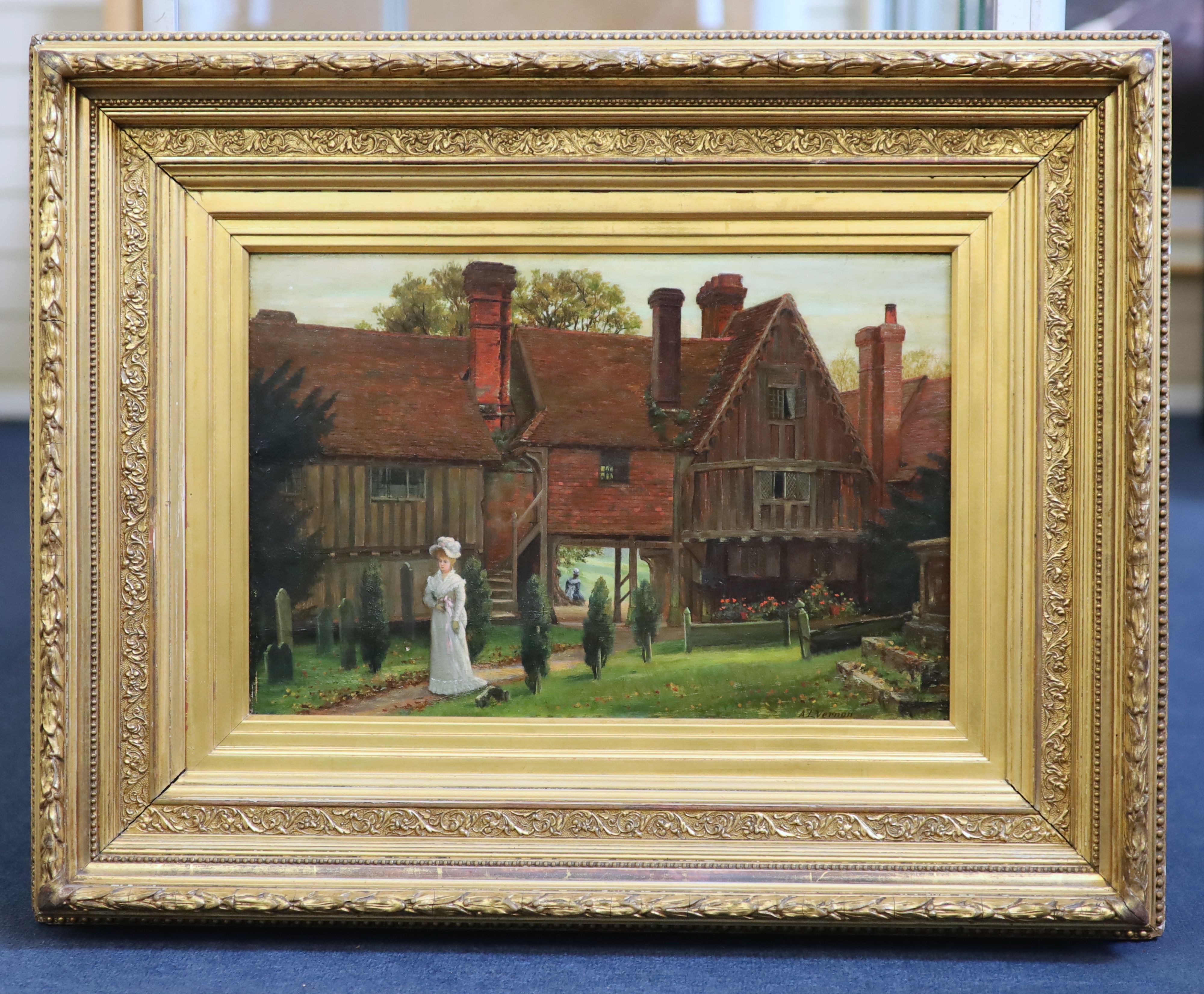 Arthur Langley Vernon (Exh.1880-1917) Edwardian lady standing before a 17th century houseoil on - Image 2 of 4