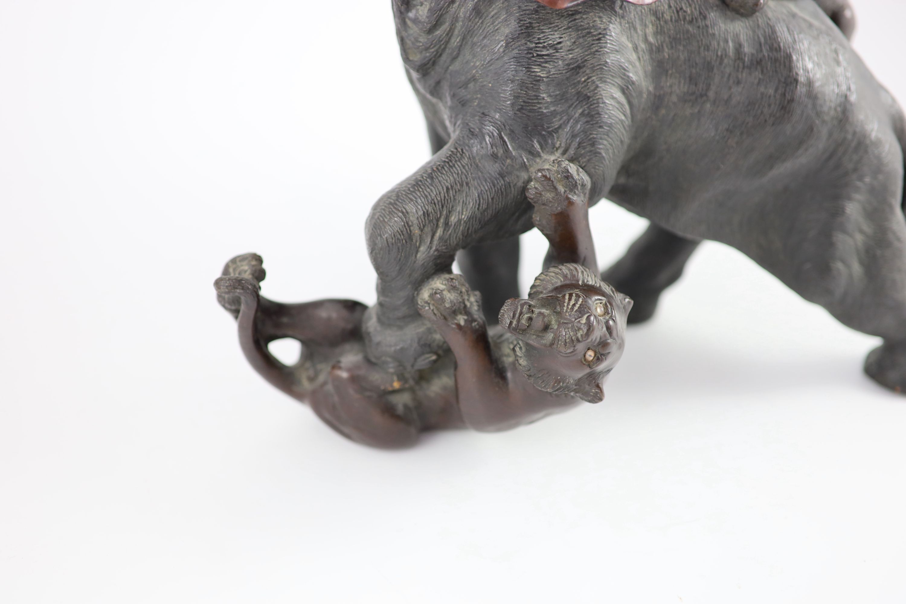 A good Japanese bronze elephant and tiger group, Meiji period signed Seiya saku,modelled as two - Image 3 of 7