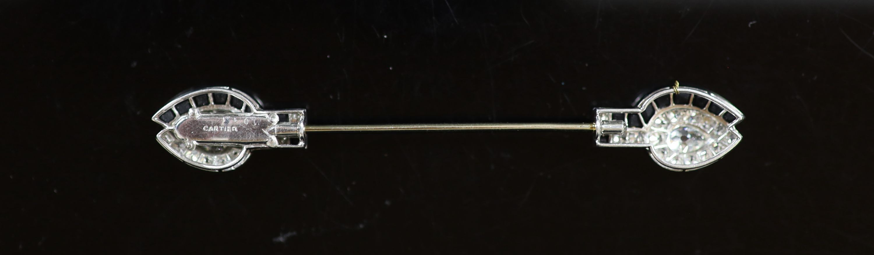 A 1930's/1940's Cartier platinum, diamond and black onyx set jabot pin,set with pear and round cut - Image 2 of 2