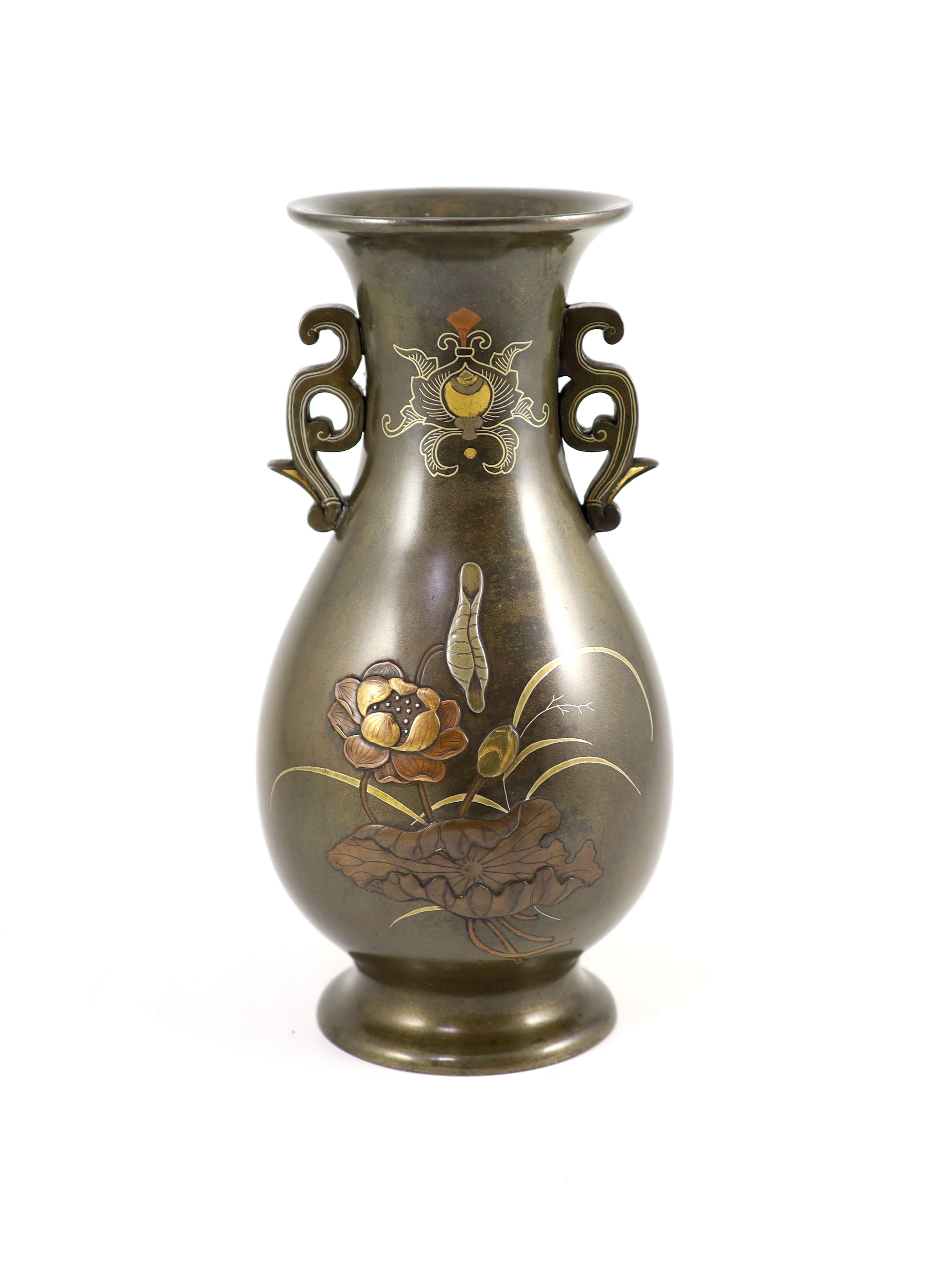 A Japanese bronze and mixed metal 'hare' vase, Meiji period,pear-shaped and applied with a pair of - Image 2 of 5