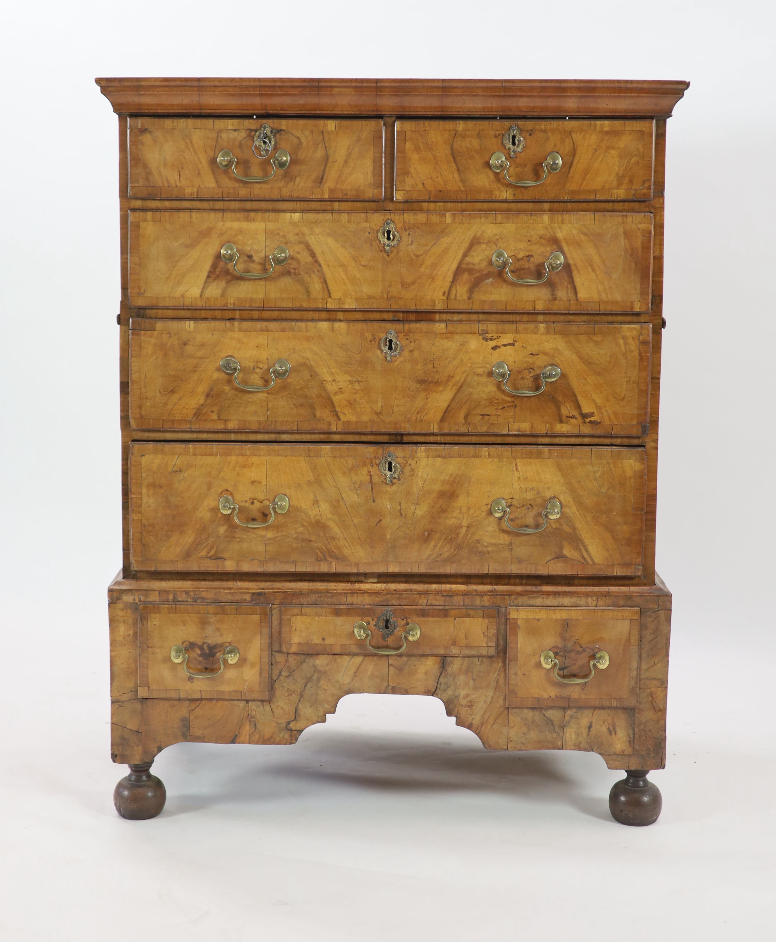 A George II walnut chest on standwith moulded cornice, two short and three graduated long drawers - Image 2 of 4