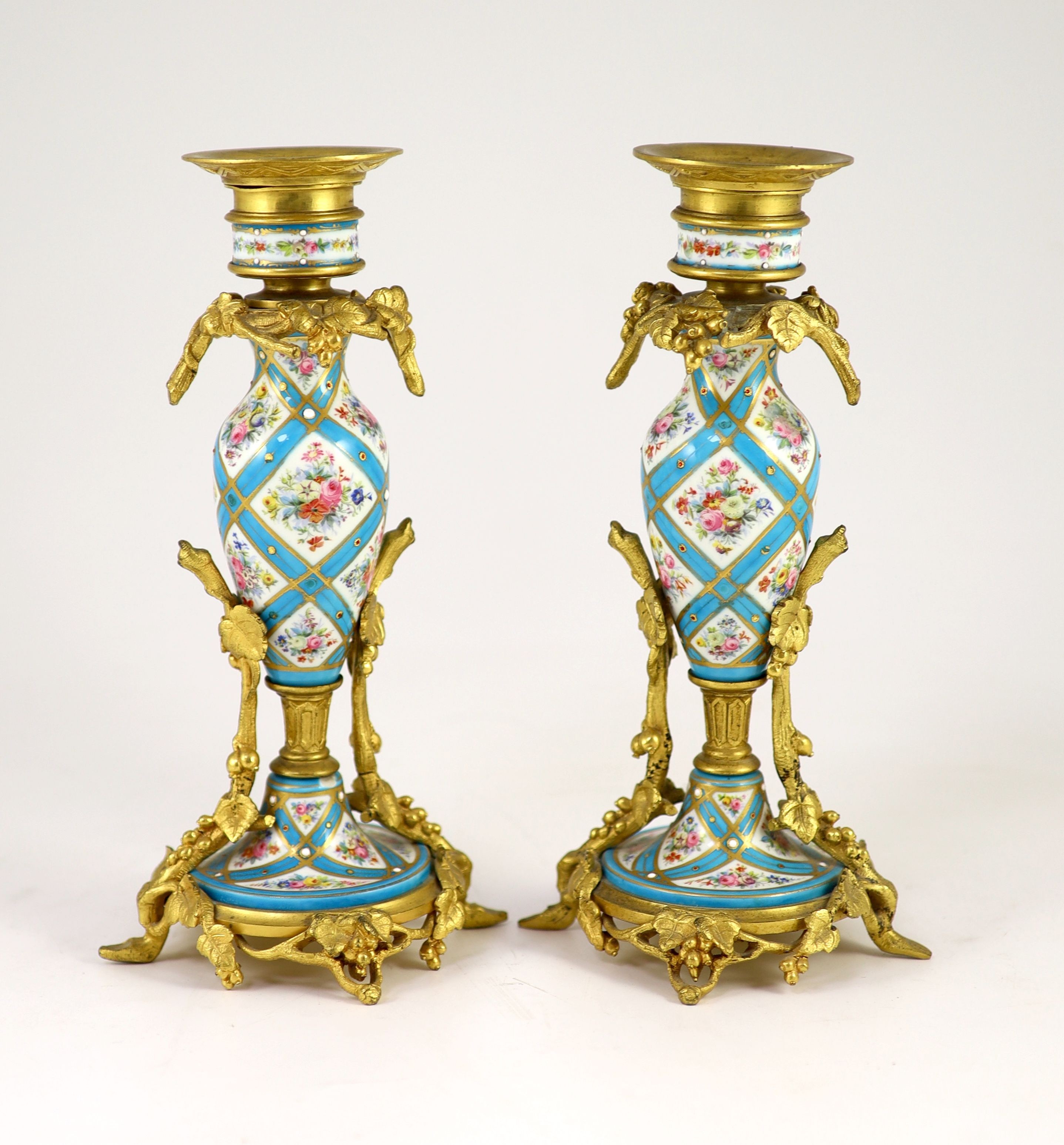 A pair of 19th century ormolu mounted Sevres style jewelled porcelain candlesticks,decorated with - Image 2 of 4