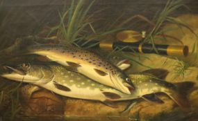 Thomas G. Targett (fl.1868-1896) Rainbow Trout and Pike on a riverbank beside a rod and reeloil on