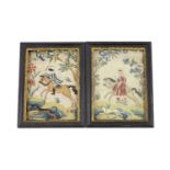 A pair of framed early 18th century needlework panels of a lady and gentleman on horseback with dogs