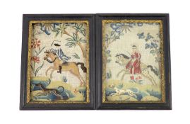 A pair of framed early 18th century needlework panels of a lady and gentleman on horseback with dogs