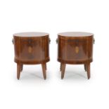 A pair of George III Sheraton style oval inlaid mahogany cellarets,later inlaid, each with oval