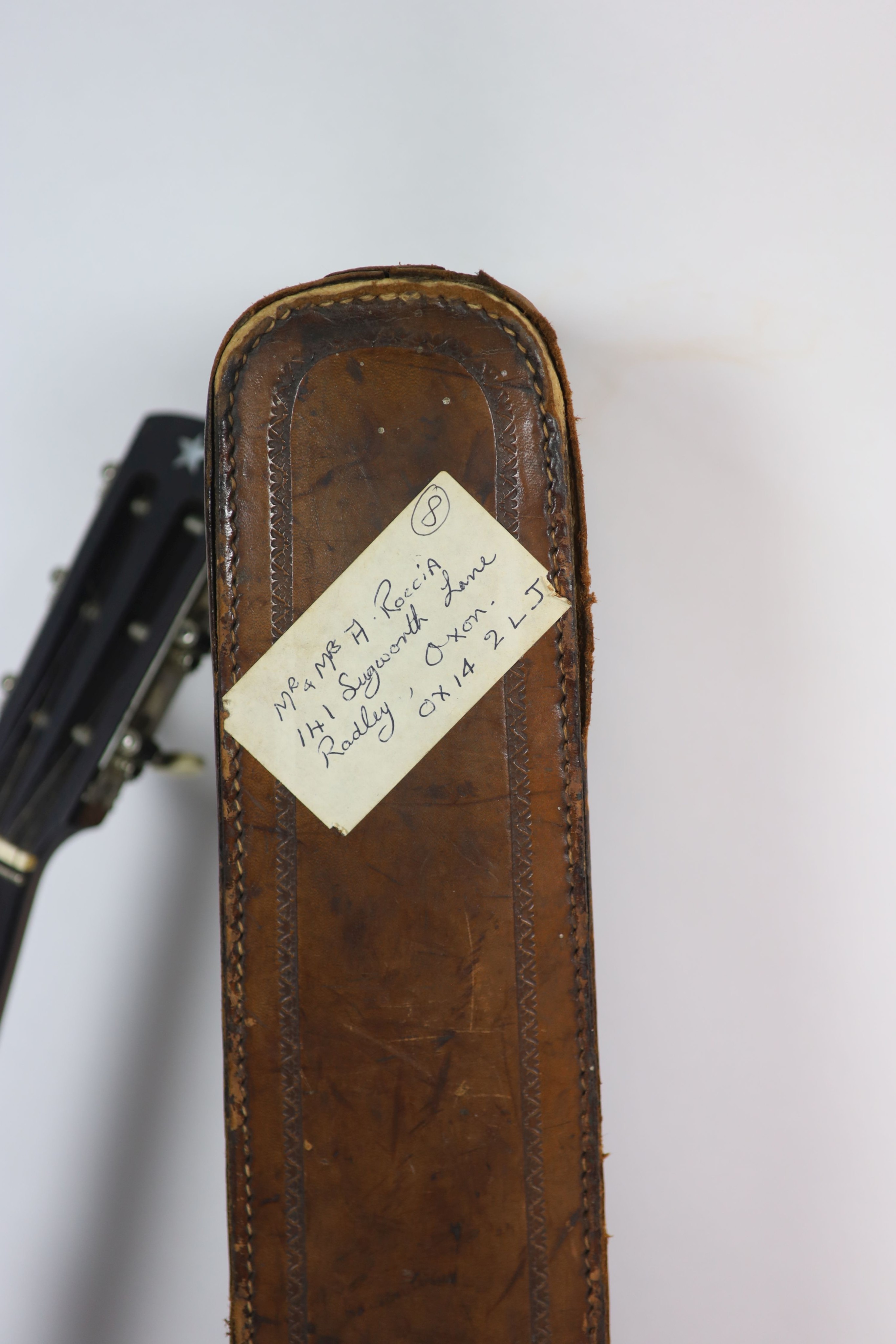 A Clifford Essex ebony mounted banjo,nut to bridge 26 inches (bridge missing), 22 frets,length 94cm, - Image 3 of 7