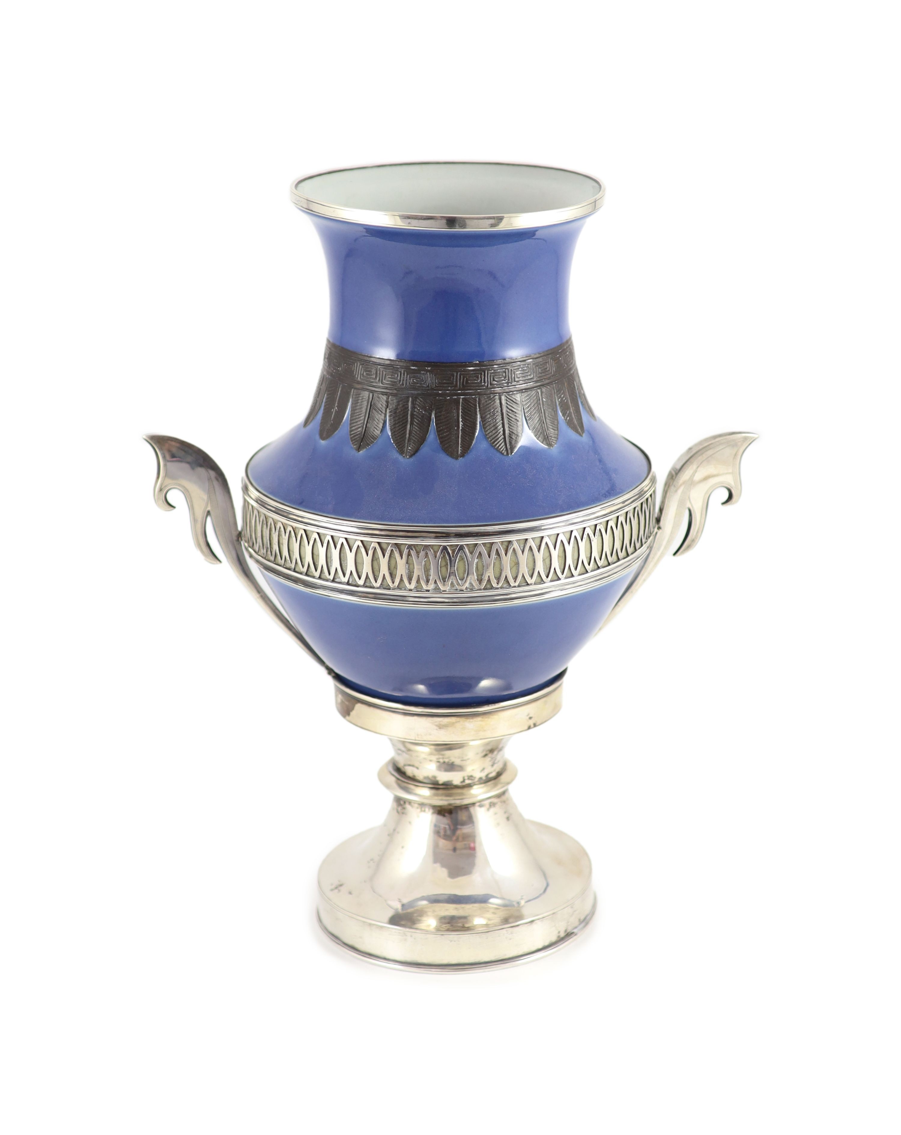 An unusual Chinese silver mounted blue glazed porcelain vase, early 20th century,the baluster shaped