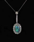 An early 20th century white gold, oval black opal and diamond cluster set drop pendant necklace,