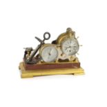 A late 19th century French gilt and silvered bronze desk barometer / timepiece,modelled with