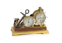 A late 19th century French gilt and silvered bronze desk barometer / timepiece,modelled with