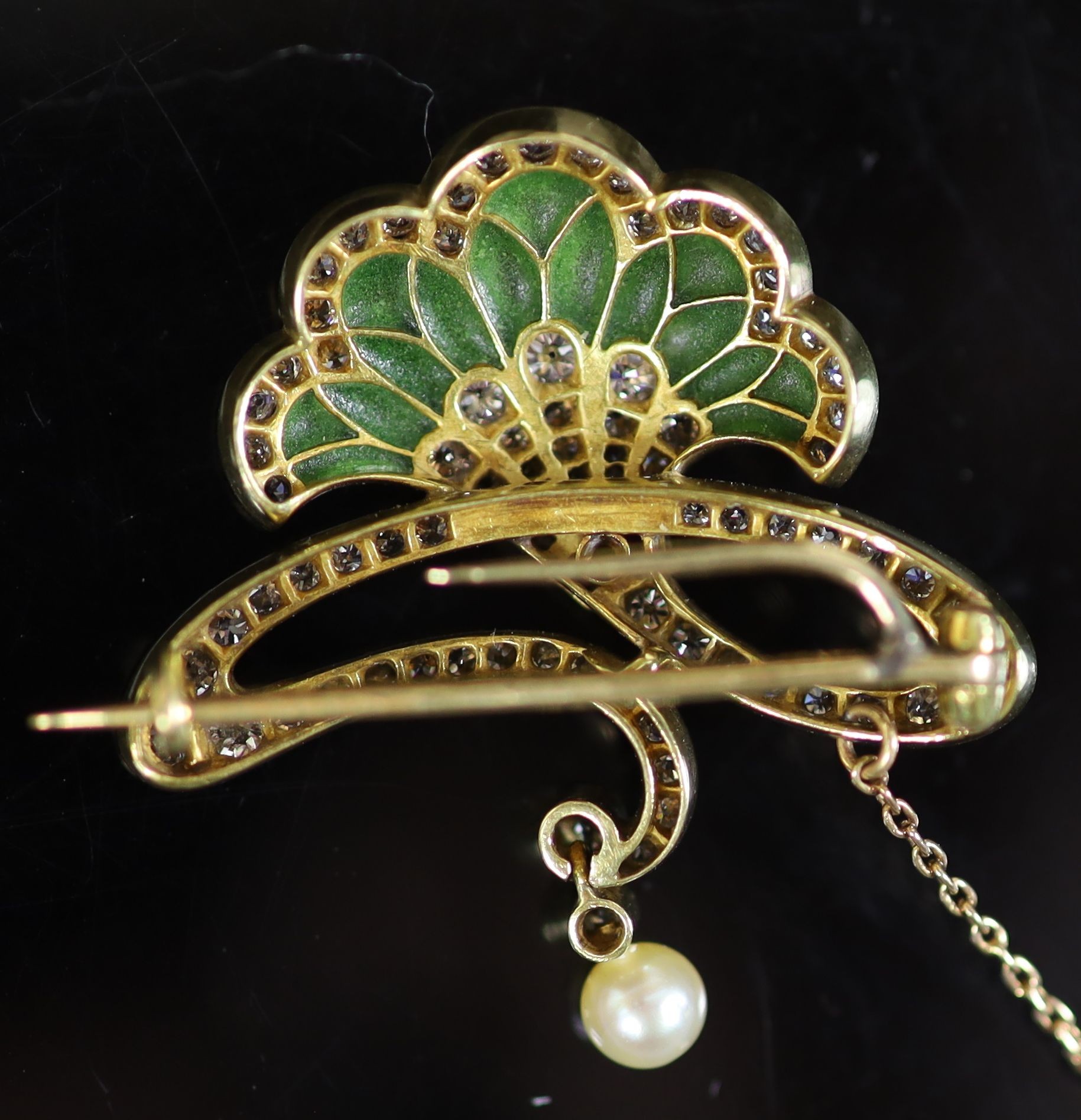 A Continental gold, ruby, diamond, plique a jour enamel and drop pearl set clip brooch,of fan and - Image 2 of 2