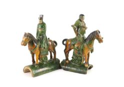 Two Chinese Ming sancai-glazed ridge tiles, 15th/16th century,each modelled as a figure riding a