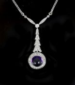 An 18ct gold, cabochon amethyst and rose cut diamond set drop pendant necklace,pendant 32mm, overall