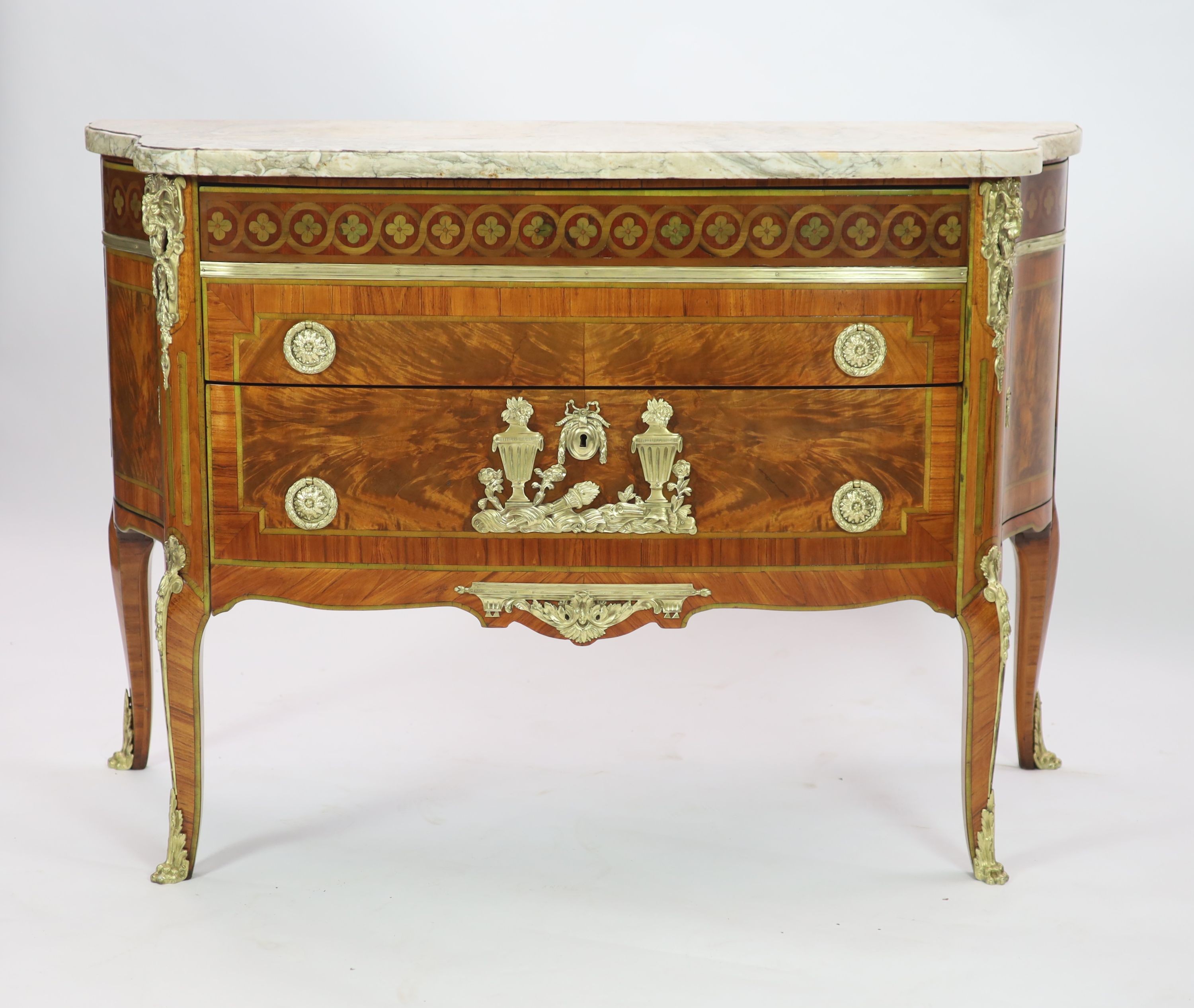 A late 19th century French marquetry and flame mahogany bowfront commodewith variegrated grey marble - Image 2 of 4