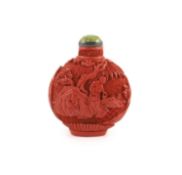 An unusual Chinese cinnabar lacquer on porcelain snuff bottle, 18th/19th centurycarved in high