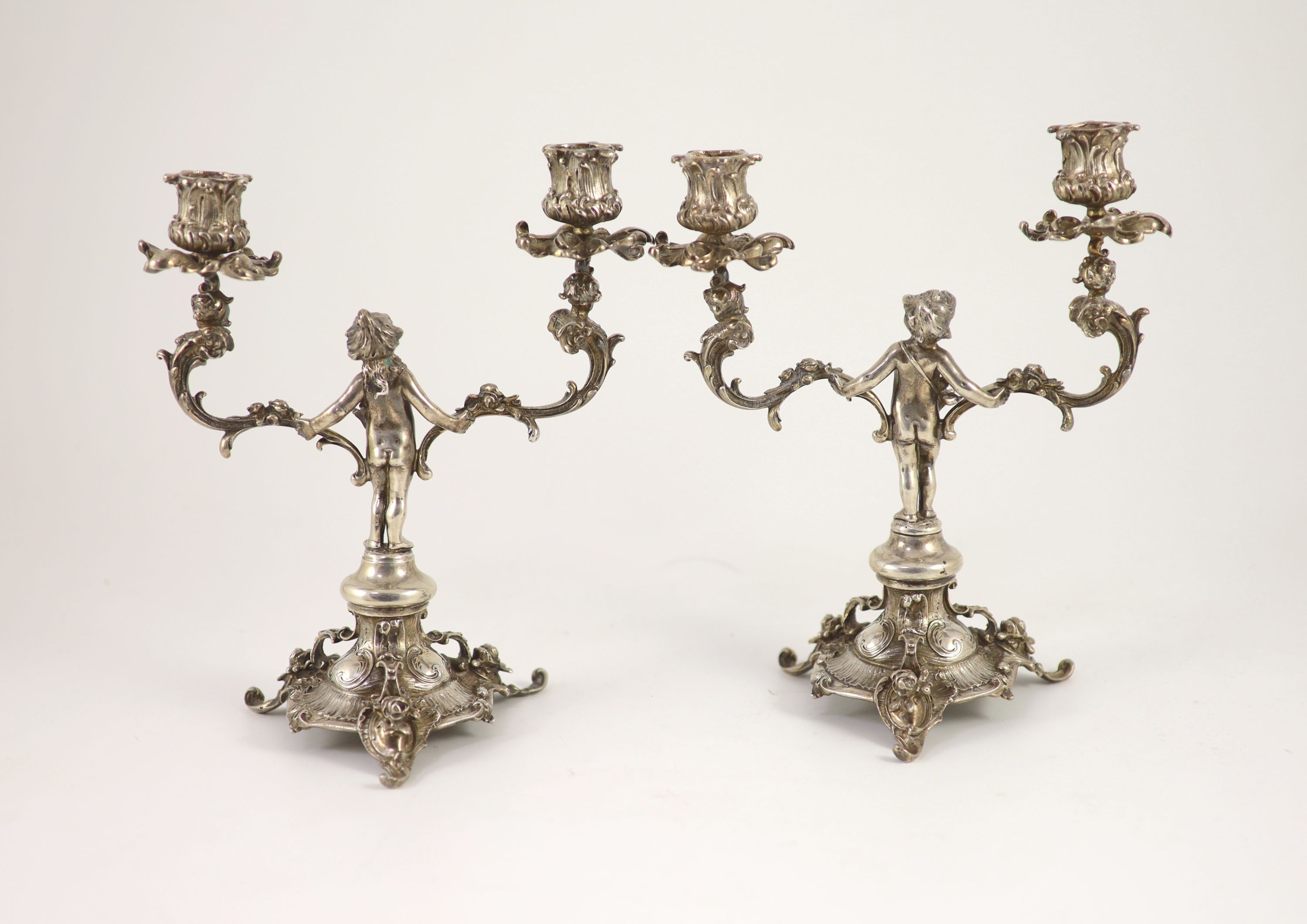 A pair of late Victorian silver two light, two branch candelabra,with figural stems, caryatid - Image 2 of 4