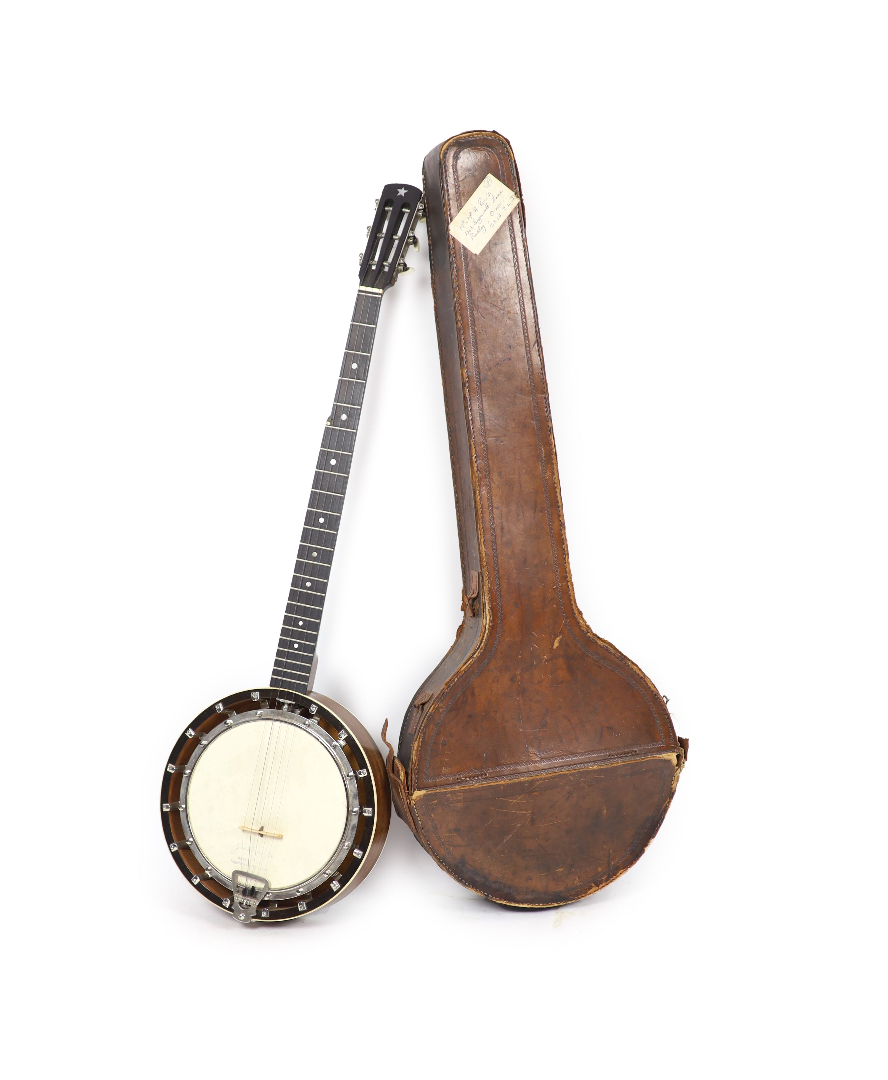 A Clifford Essex ebony mounted banjo,nut to bridge 26 inches (bridge missing), 22 frets,length 94cm, - Image 2 of 7