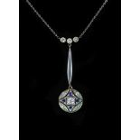 An Edwardian gold and platinum, millegrain set sapphire and diamond cluster set drop pendant