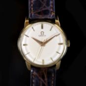 A gentleman's late 1950's 14ct gold Omega manual wind wrist watch,with baton numerals, movement c.