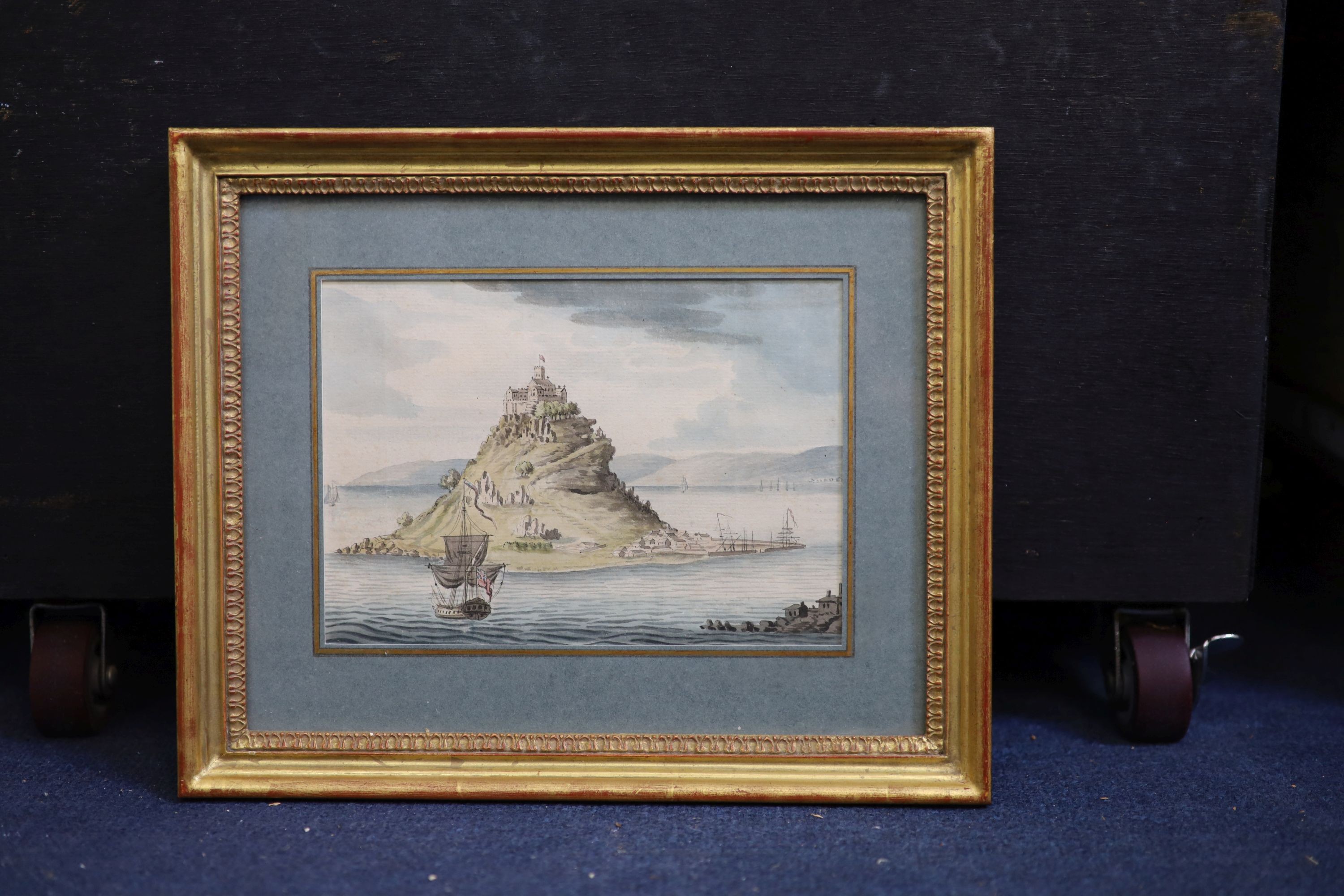 18th Century English School View of St Michael's Mount with a frigate in the foregroundink and - Image 2 of 3