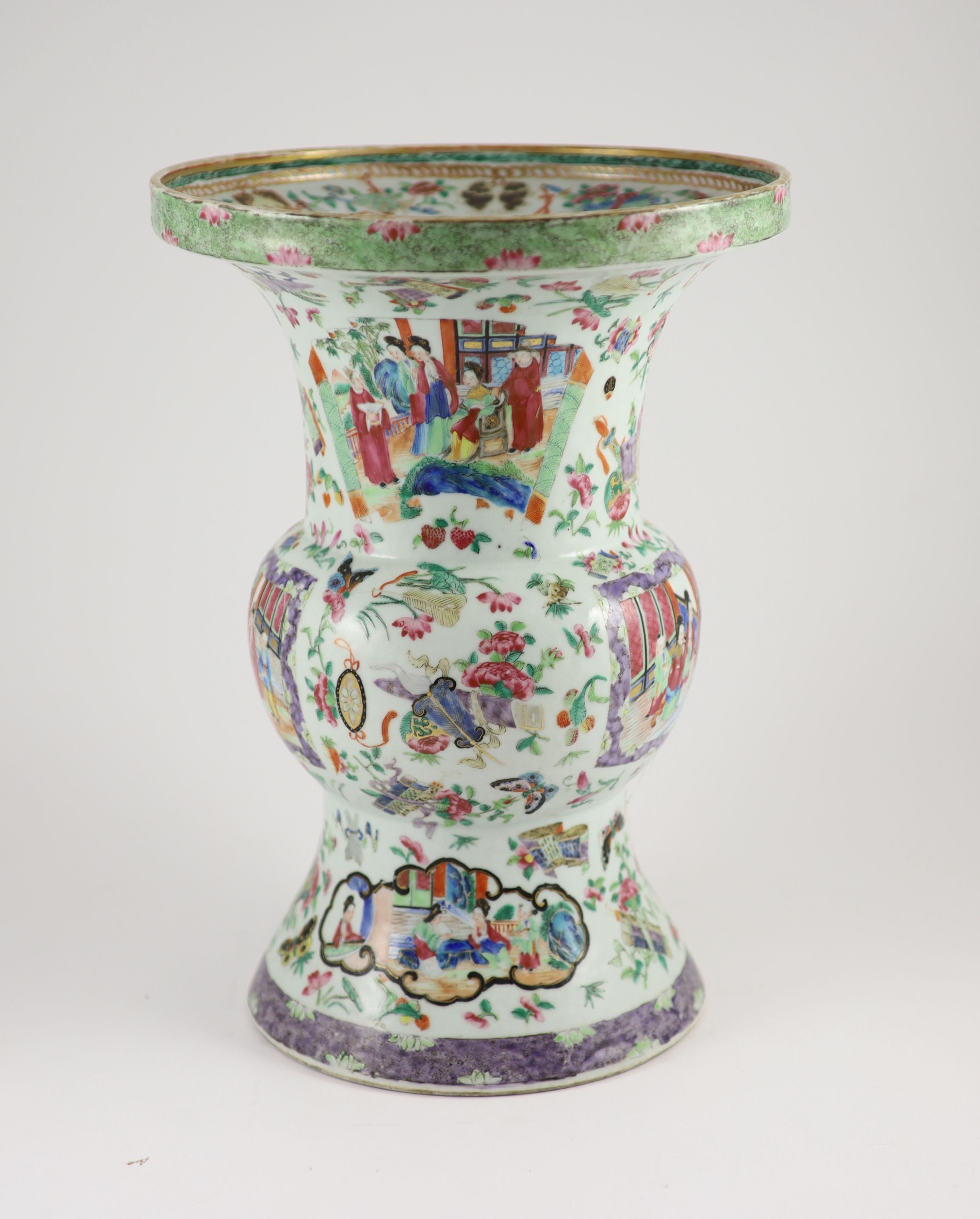 A Chinese famille rose zun-shaped vase, mid 19th centurypainted with reserves of figures in - Image 2 of 6